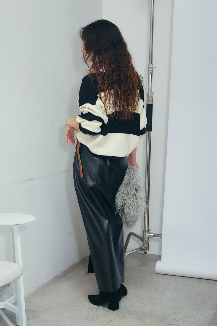 [予約/SET]ラガーニットプルオーバー+エコレザーバックスリットペンシルスカート(2set)