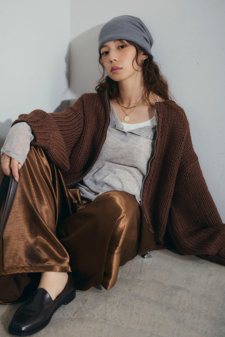 [予約/SET]ロービングケーブルオーバーサイズジップPO+シアーヘンリーネックロンT+サテンタックワイドパンツ(3set)