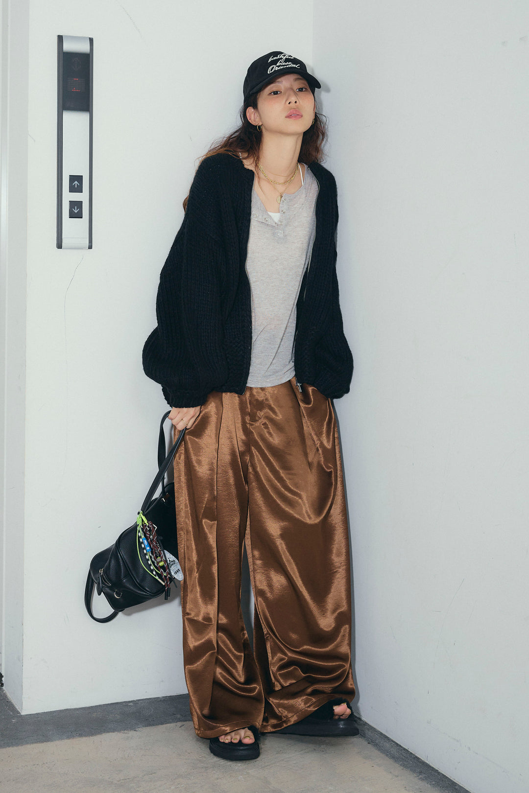 [予約/SET]ロービングケーブルオーバーサイズジップPO+シアーヘンリーネックロンT+サテンタックワイドパンツ(3set)