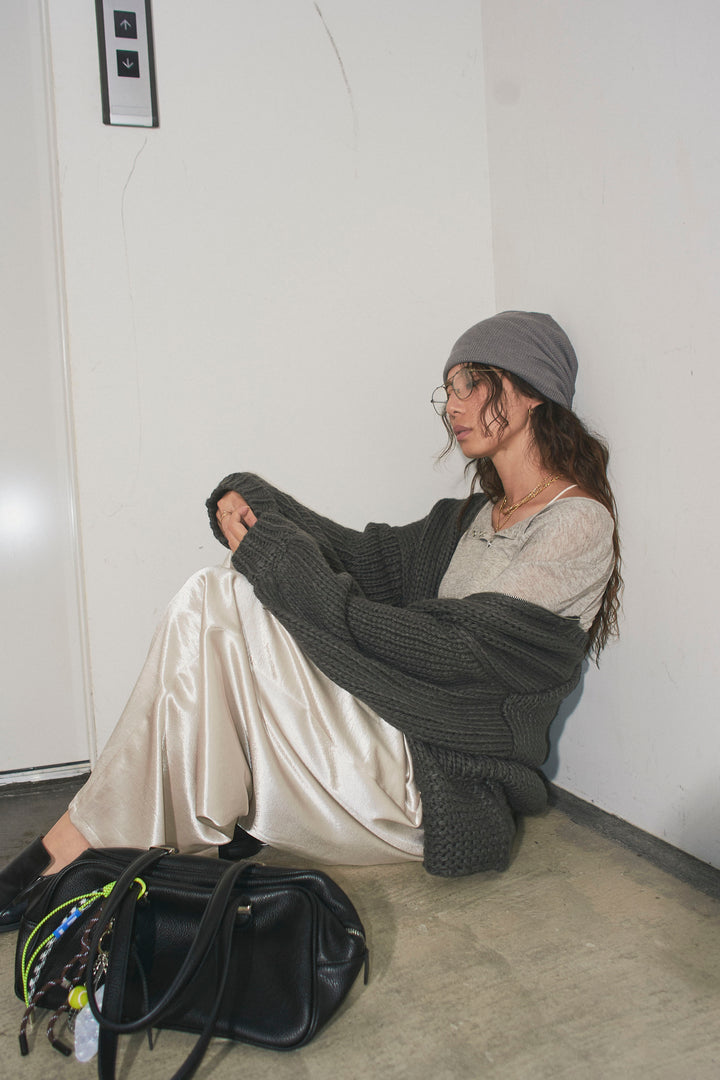 [予約/SET]ロービングケーブルオーバーサイズジップPO+シアーヘンリーネックロンT+サテンタックワイドパンツ(3set)