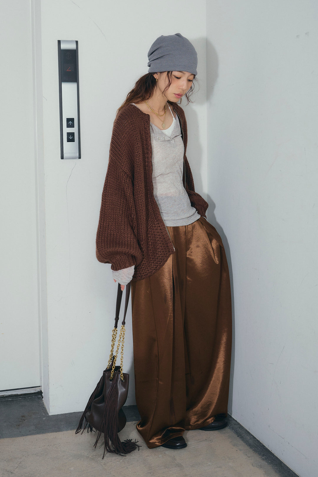 [予約/SET]ロービングケーブルオーバーサイズジップPO+シアーヘンリーネックロンT+サテンタックワイドパンツ(3set)