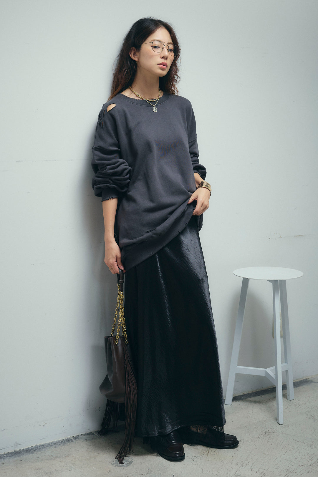 [予約/SET]ヴィンテージ加工PO+裾レースサテンスカート(2set)