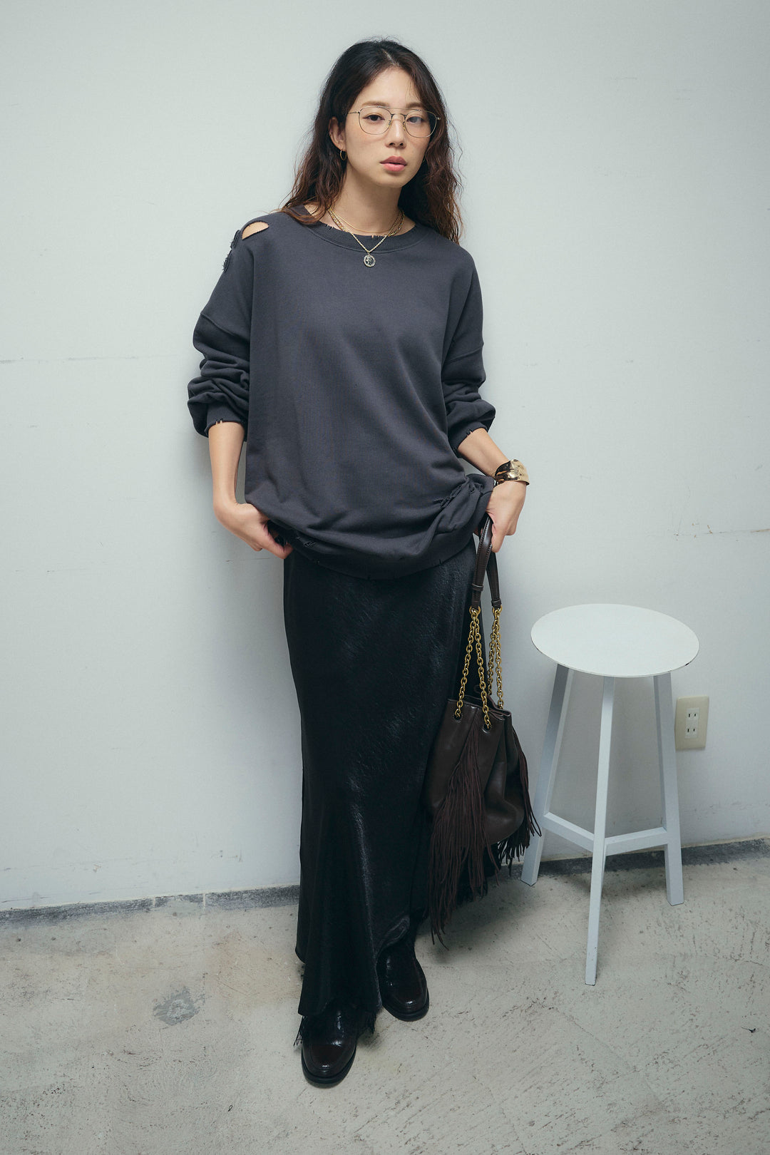 [予約/SET]ヴィンテージ加工PO+裾レースサテンスカート(2set)