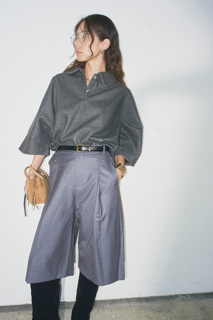 [予約/SET]フェイクウールワイドポロシャツ+ベルト付きステッチポイントキュロットパンツ(2set)