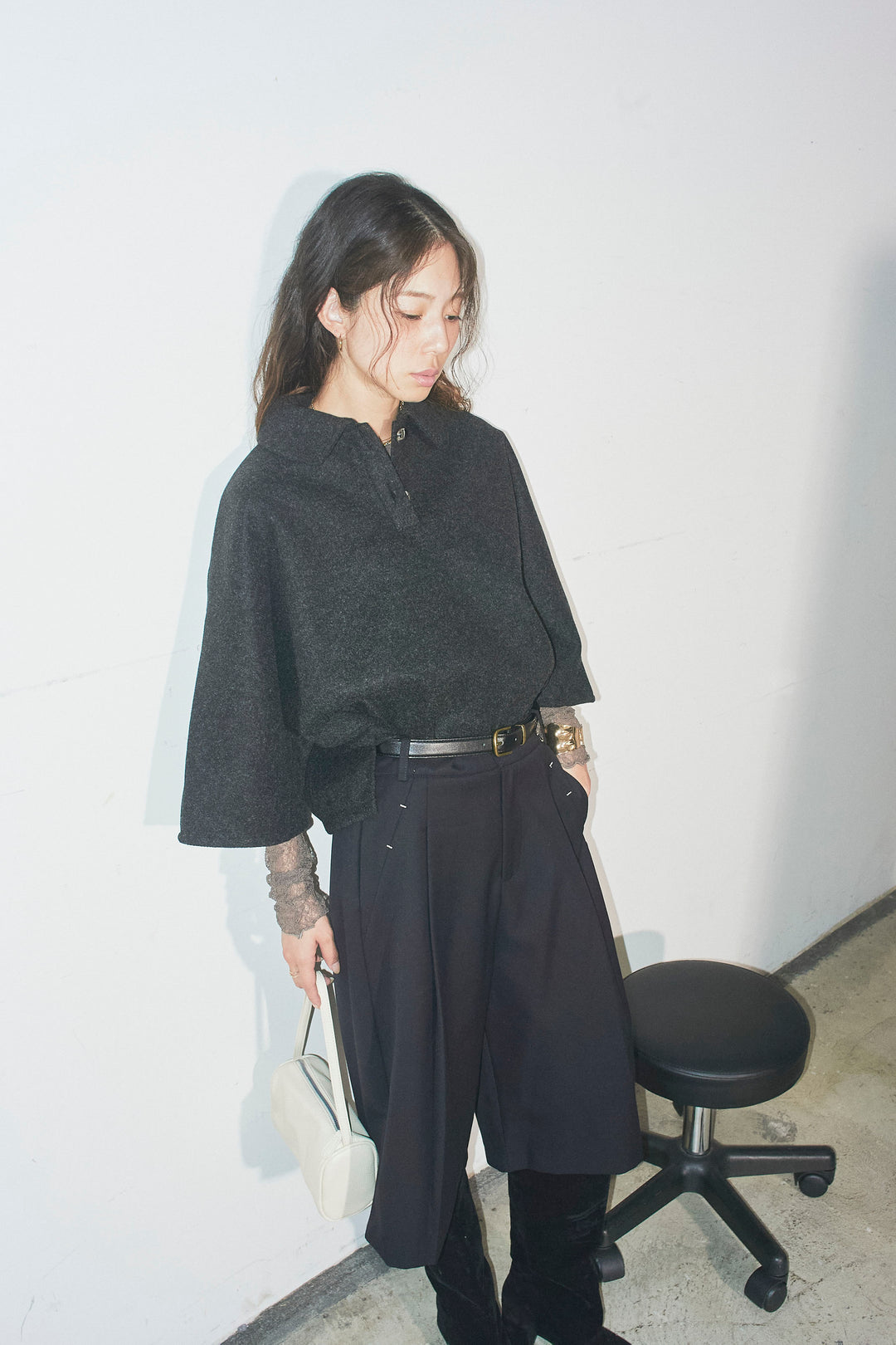 [予約/SET]フェイクウールワイドポロシャツ+ベルト付きステッチポイントキュロットパンツ(2set)