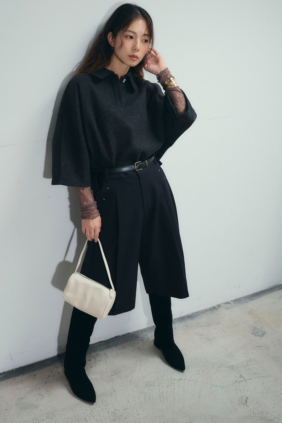 [予約/SET]フェイクウールワイドポロシャツ+ベルト付きステッチポイントキュロットパンツ(2set)