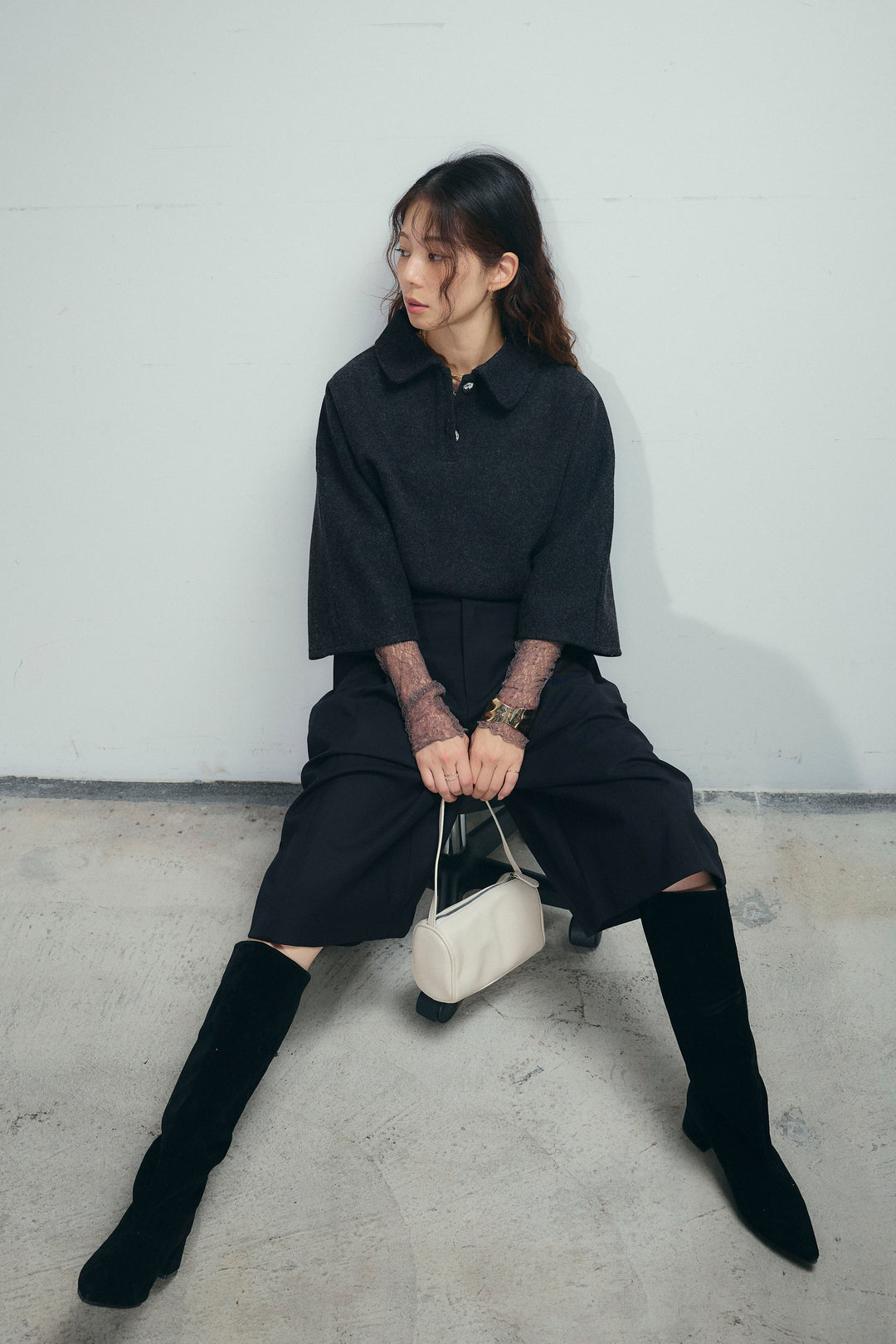 [予約/SET]フェイクウールワイドポロシャツ+ベルト付きステッチポイントキュロットパンツ(2set)