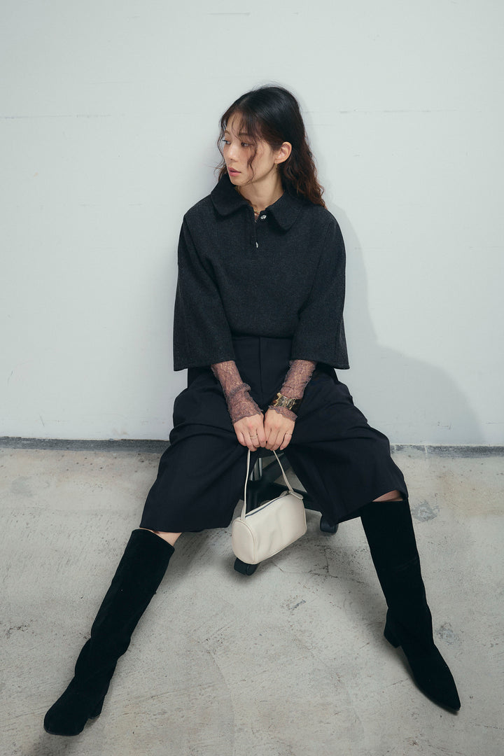 [予約/SET]フェイクウールワイドポロシャツ+ベルト付きステッチポイントキュロットパンツ(2set)