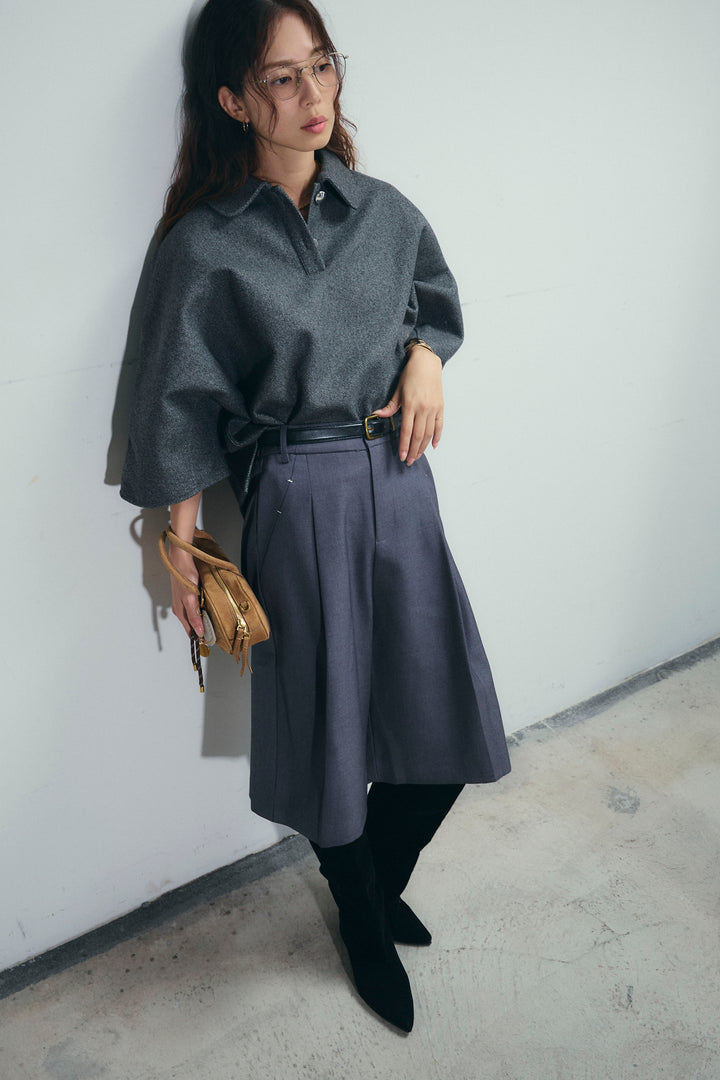 [予約/SET]フェイクウールワイドポロシャツ+ベルト付きステッチポイントキュロットパンツ(2set)