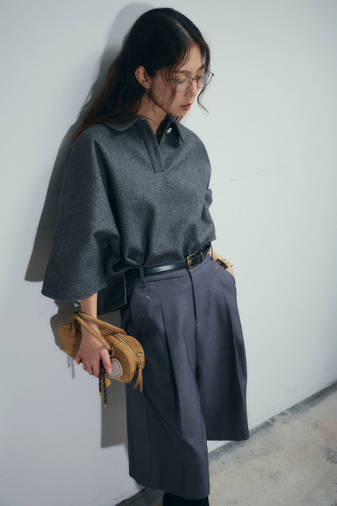 [予約/SET]フェイクウールワイドポロシャツ+ベルト付きステッチポイントキュロットパンツ(2set)