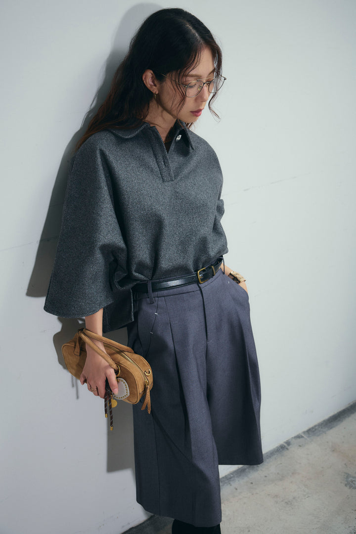 [予約/SET]フェイクウールワイドポロシャツ+ベルト付きステッチポイントキュロットパンツ(2set)