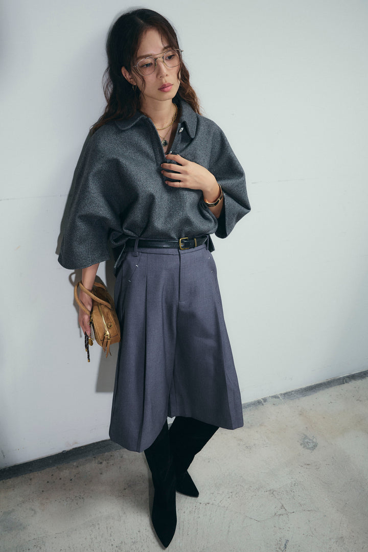 [予約/SET]フェイクウールワイドポロシャツ+ベルト付きステッチポイントキュロットパンツ(2set)