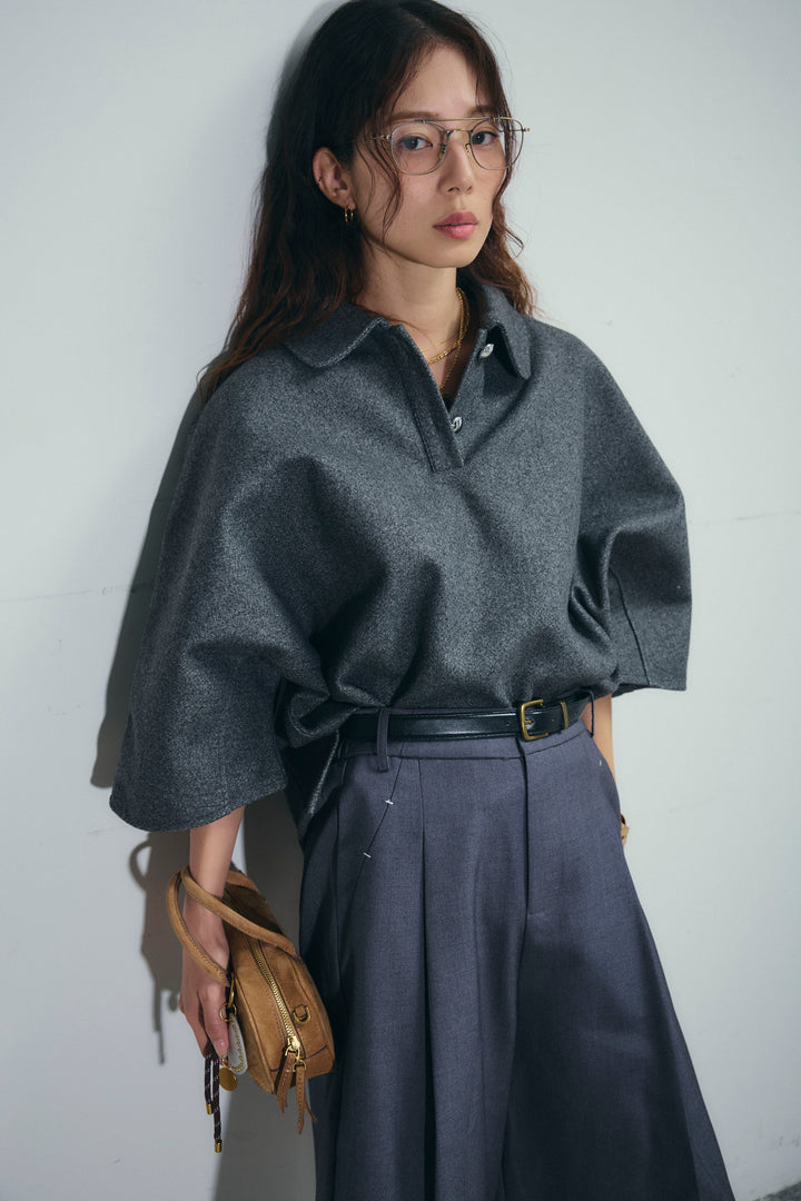 [予約/SET]フェイクウールワイドポロシャツ+ベルト付きステッチポイントキュロットパンツ(2set)