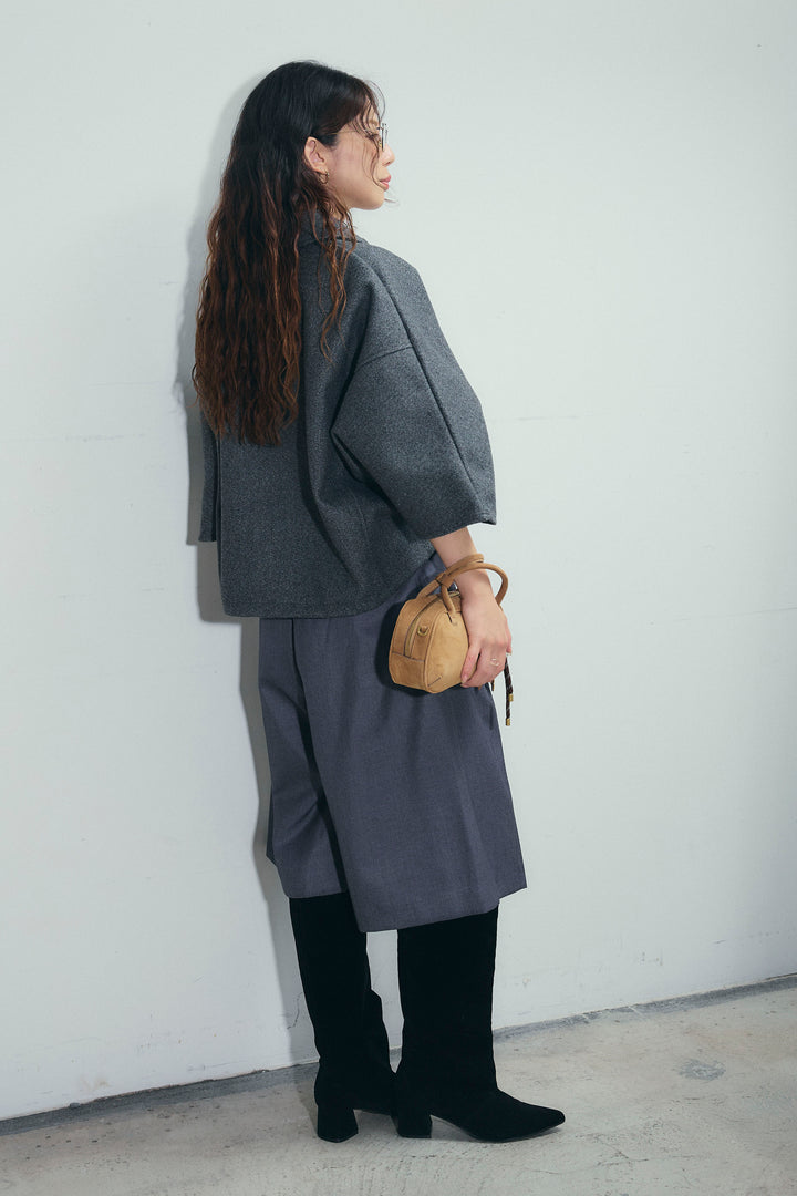 [予約/SET]フェイクウールワイドポロシャツ+ベルト付きステッチポイントキュロットパンツ(2set)