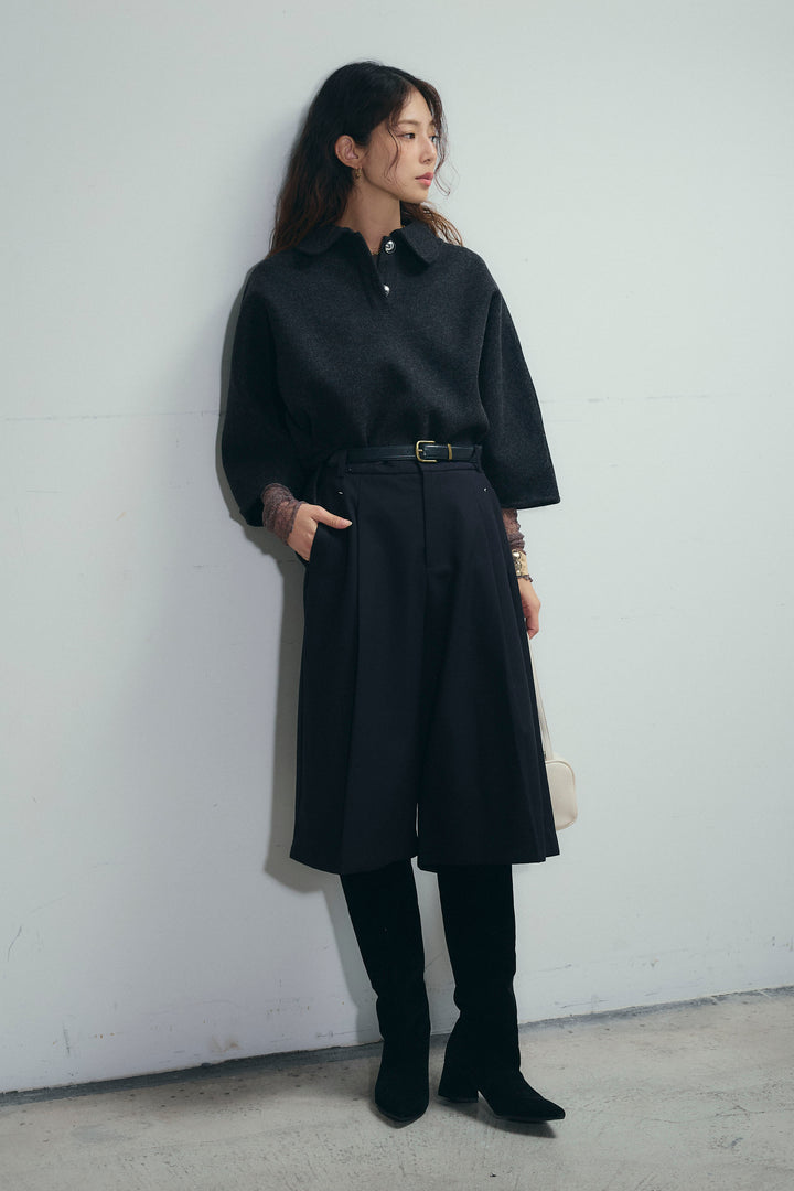[予約/SET]フェイクウールワイドポロシャツ+ベルト付きステッチポイントキュロットパンツ(2set)