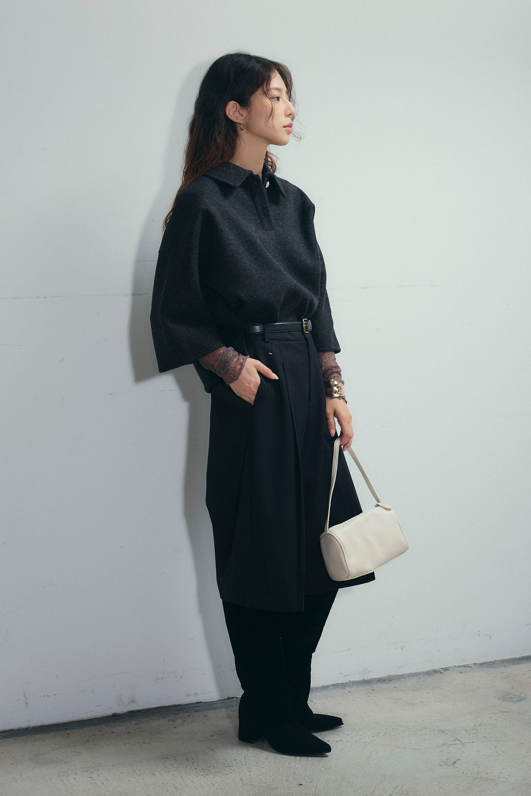 [予約/SET]フェイクウールワイドポロシャツ+ベルト付きステッチポイントキュロットパンツ(2set)