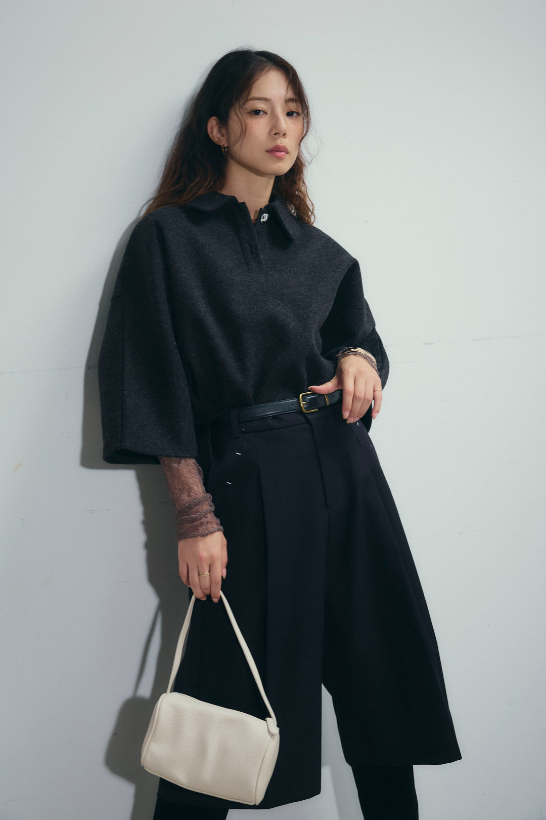 [予約/SET]フェイクウールワイドポロシャツ+ベルト付きステッチポイントキュロットパンツ(2set)