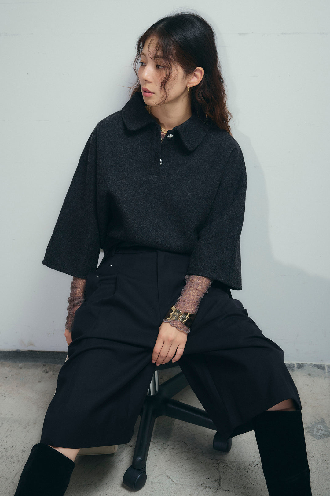 [予約/SET]フェイクウールワイドポロシャツ+ベルト付きステッチポイントキュロットパンツ(2set)