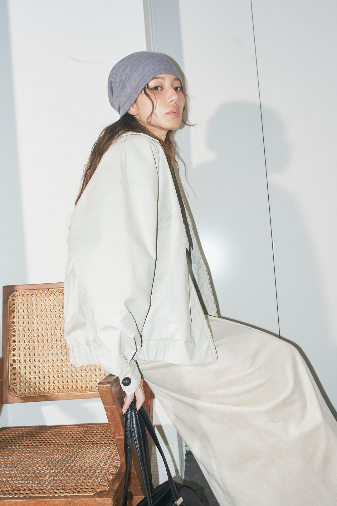 [予約/SET]エコレザー襟付きブルゾン+フェイクスエードラップ風Iラインスカート(2set)