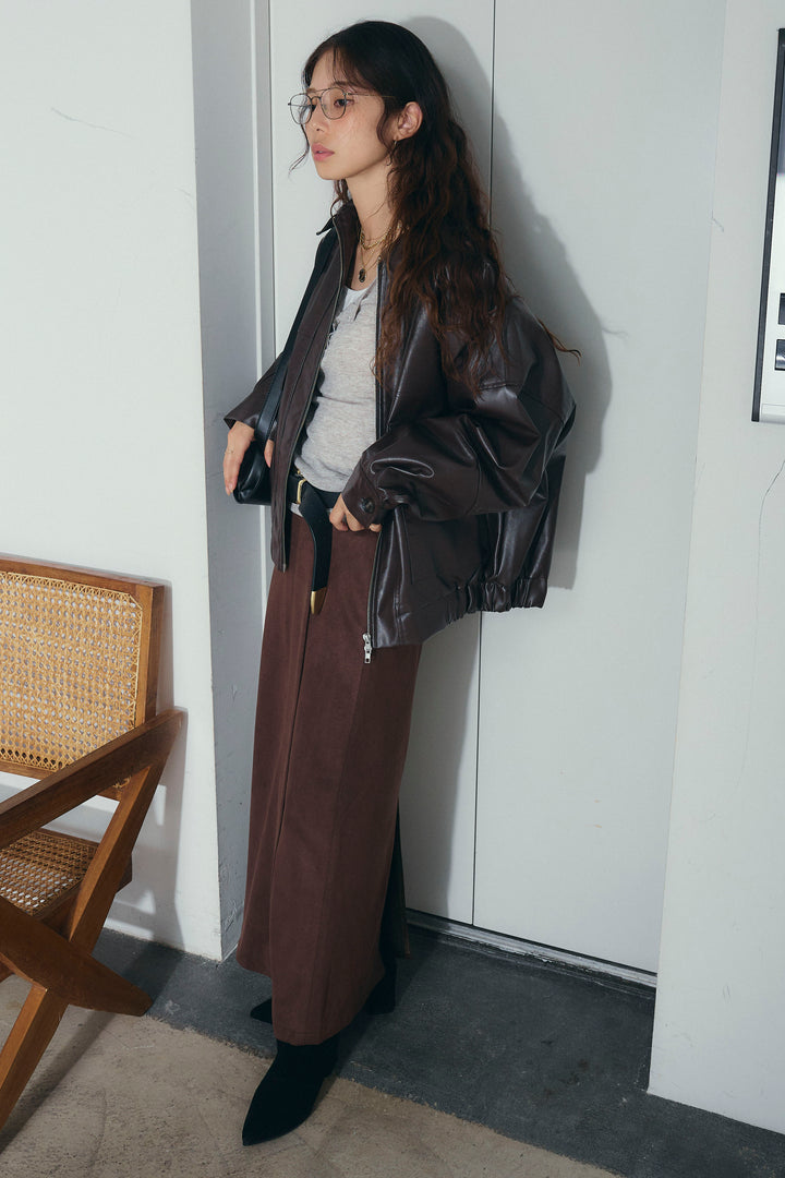 [予約/SET]エコレザー襟付きブルゾン+フェイクスエードラップ風Iラインスカート(2set)