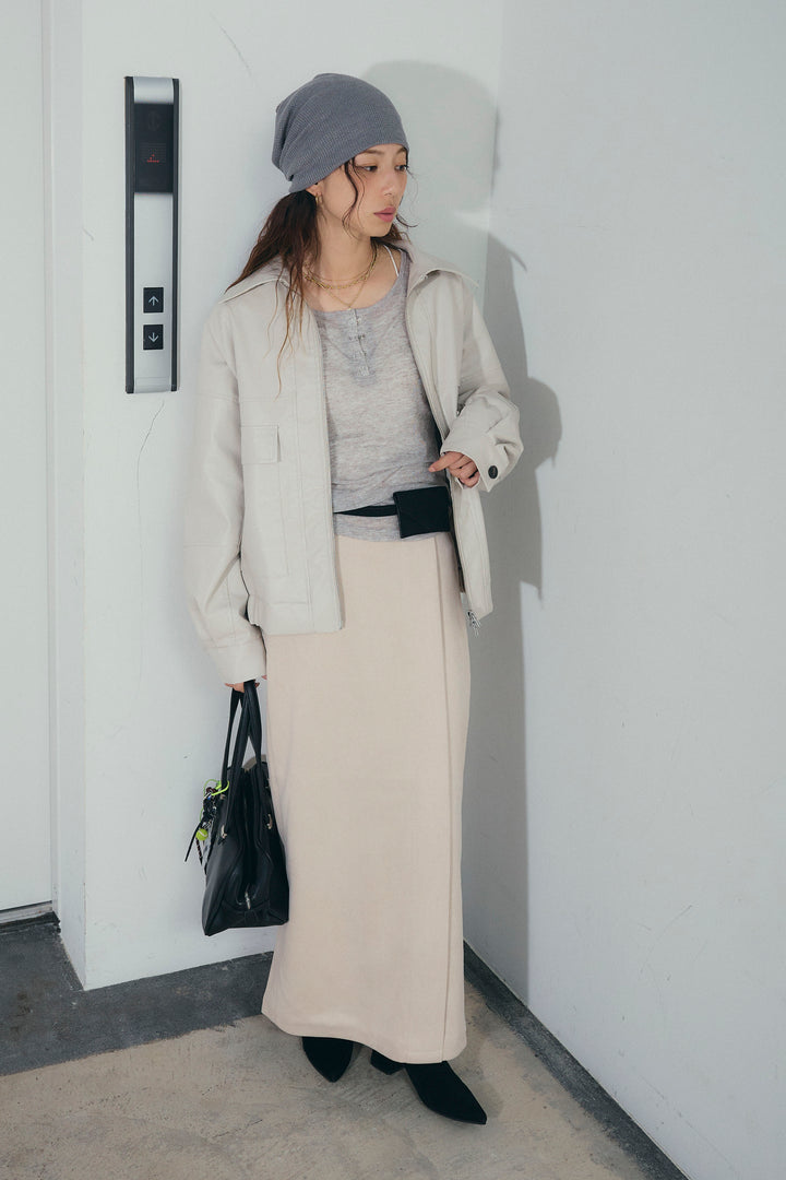 [予約/SET]エコレザー襟付きブルゾン+シアーヘンリーネックロンT+フェイクスエードラップ風Iラインスカート(3set)