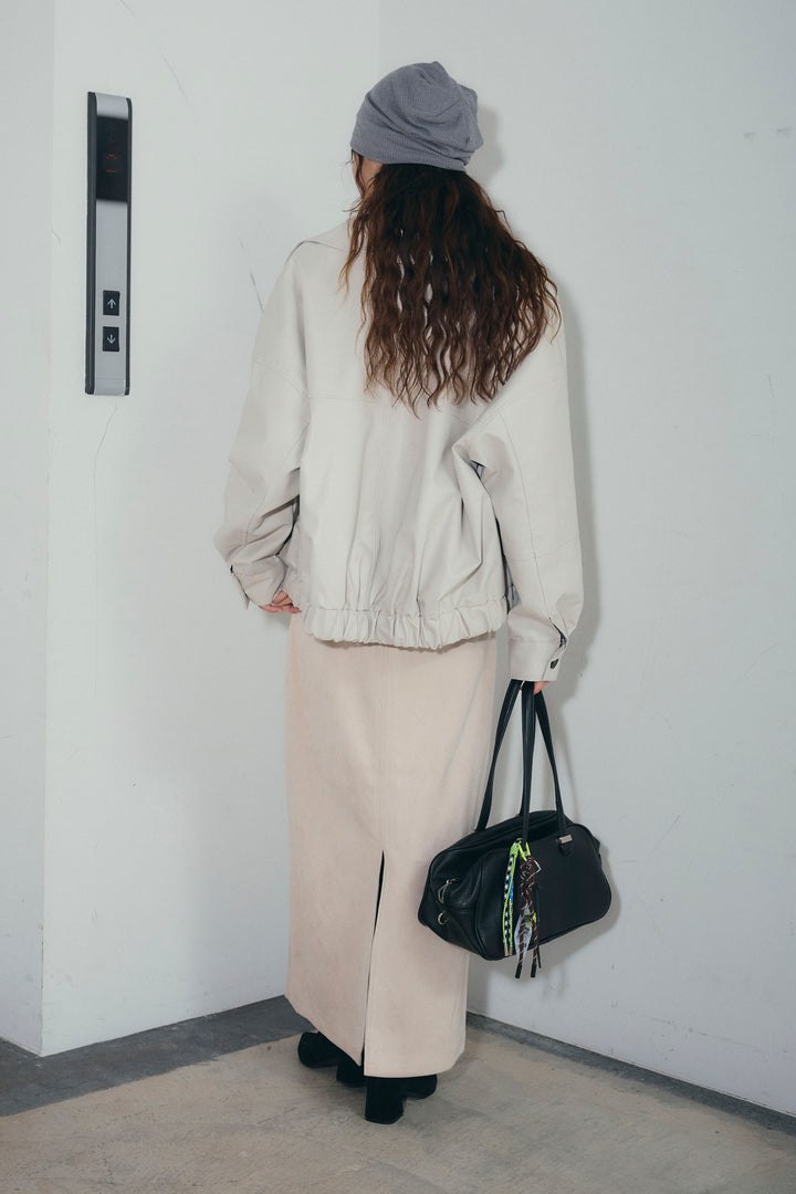 [予約/SET]エコレザー襟付きブルゾン+シアーヘンリーネックロンT+フェイクスエードラップ風Iラインスカート(3set)