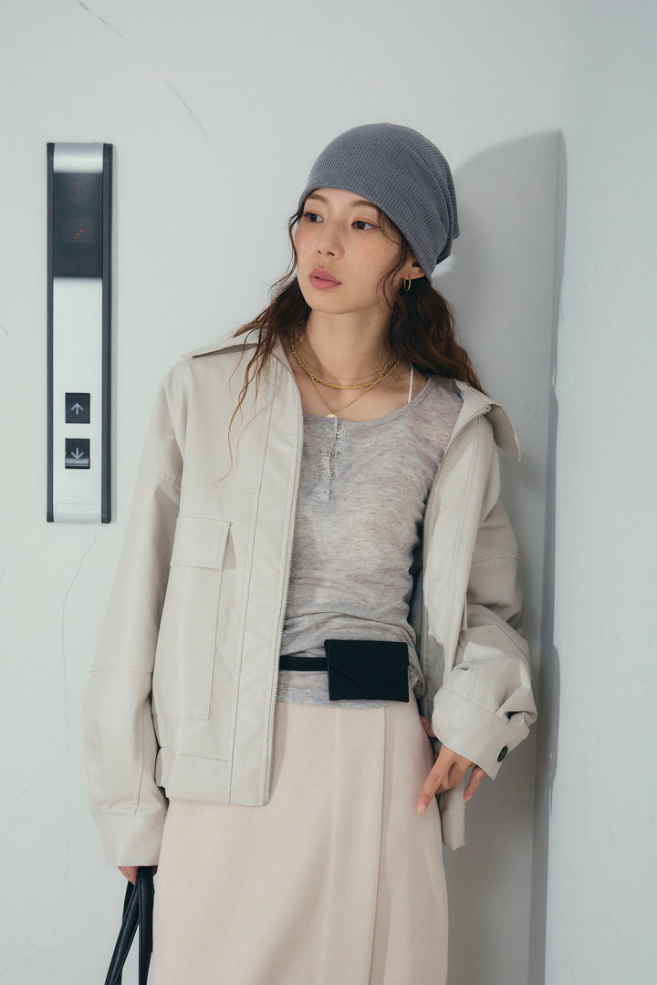 [予約/SET]エコレザー襟付きブルゾン+フェイクスエードラップ風Iラインスカート(2set)