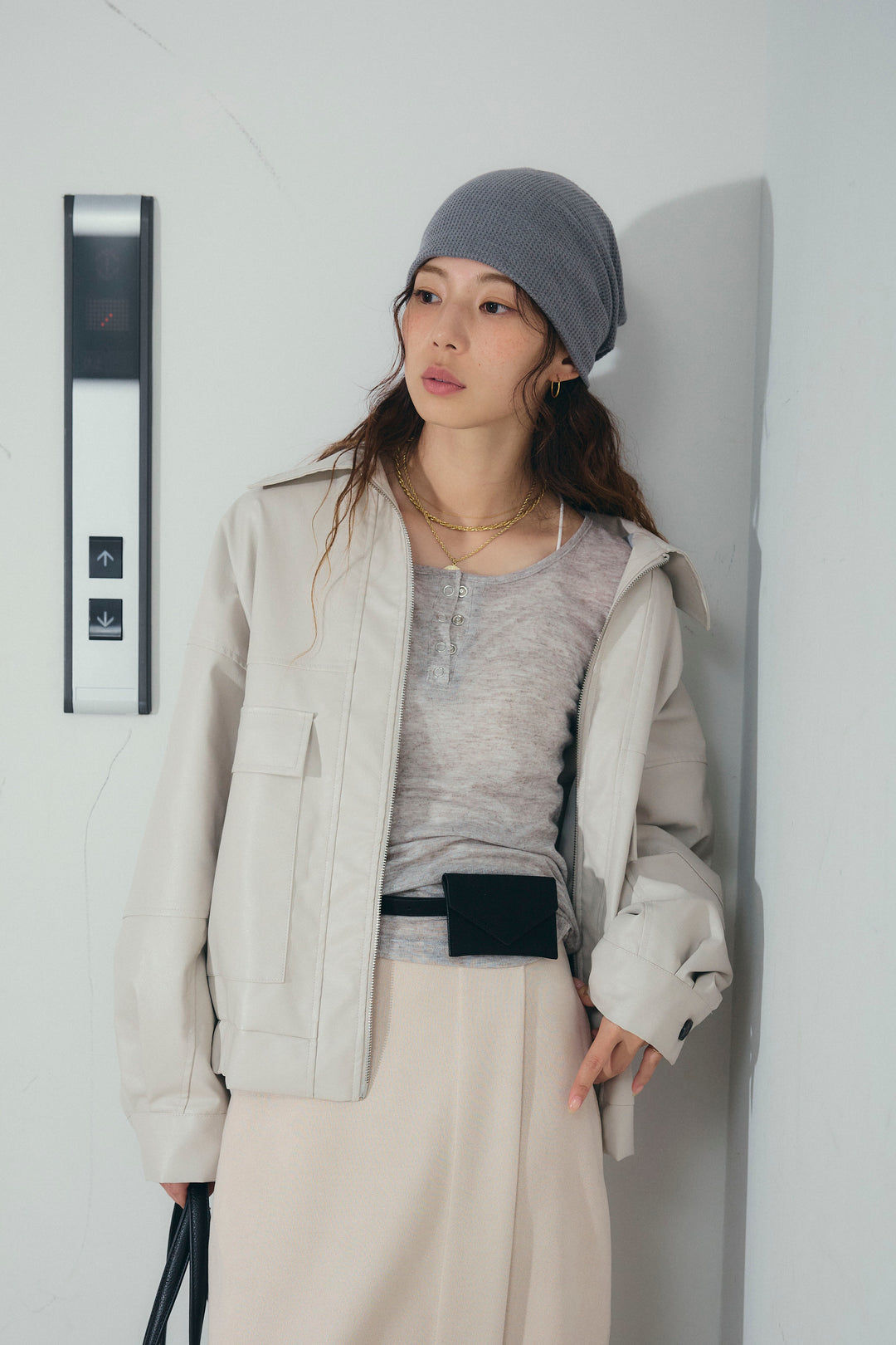 [予約]エコレザー襟付きブルゾン