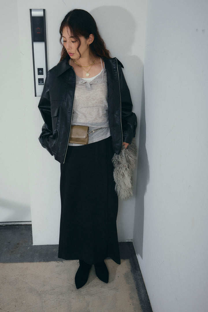 [予約/SET]エコレザー襟付きブルゾン+シアーヘンリーネックロンT+フェイクスエードラップ風Iラインスカート(3set)