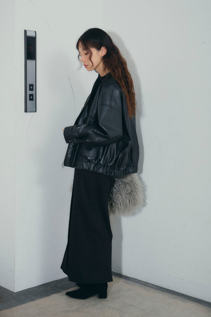 [予約/SET]エコレザー襟付きブルゾン+シアーヘンリーネックロンT+フェイクスエードラップ風Iラインスカート(3set)