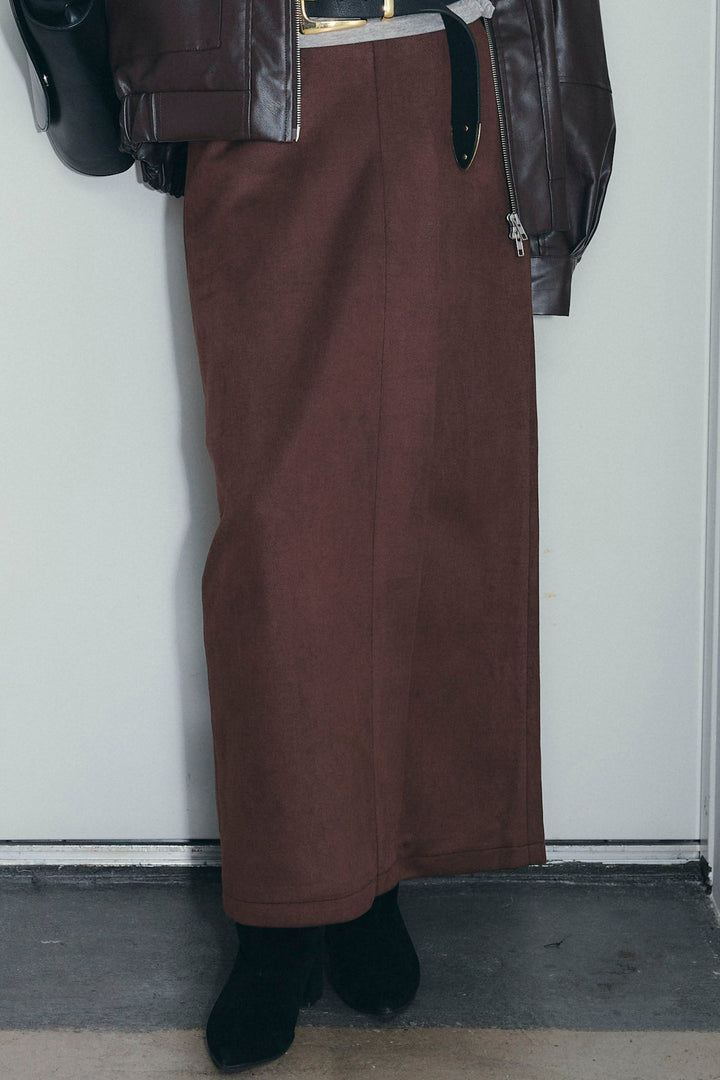 [予約/SET]エコレザー襟付きブルゾン+シアーヘンリーネックロンT+フェイクスエードラップ風Iラインスカート(3set)