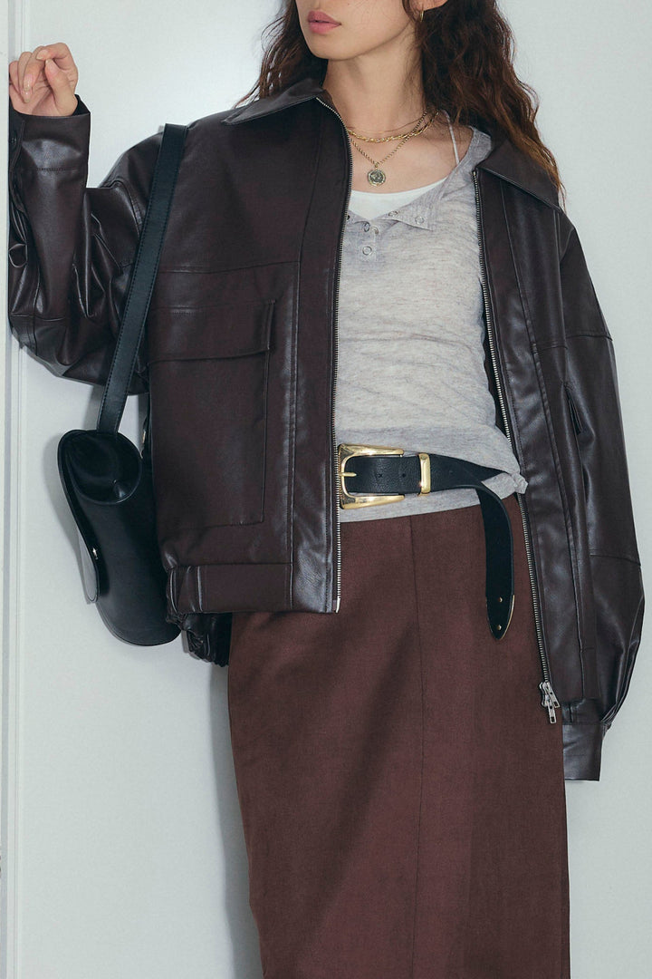 [予約]エコレザー襟付きブルゾン