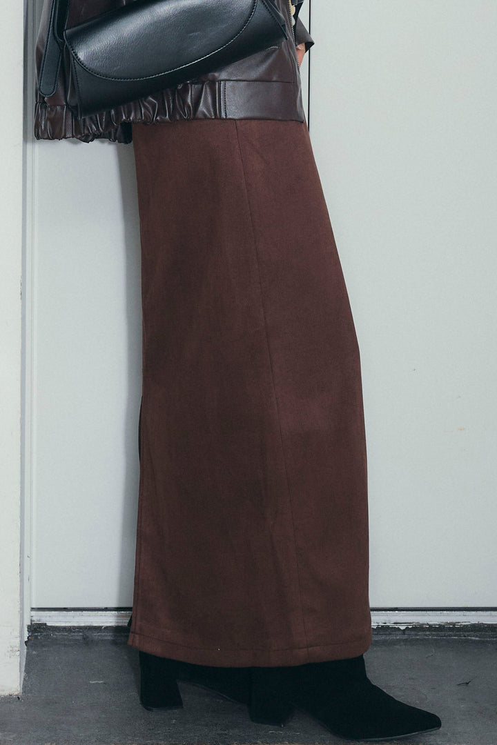 [予約/SET]エコレザー襟付きブルゾン+フェイクスエードラップ風Iラインスカート(2set)