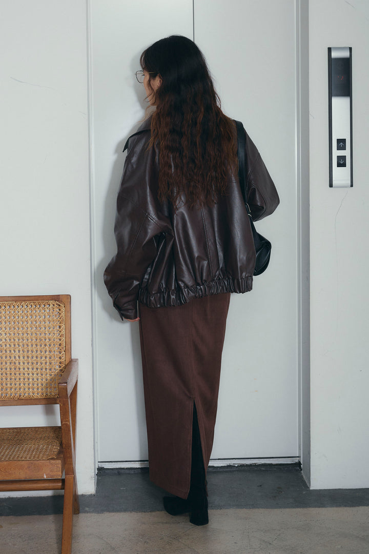 [予約/SET]エコレザー襟付きブルゾン+シアーヘンリーネックロンT+フェイクスエードラップ風Iラインスカート(3set)