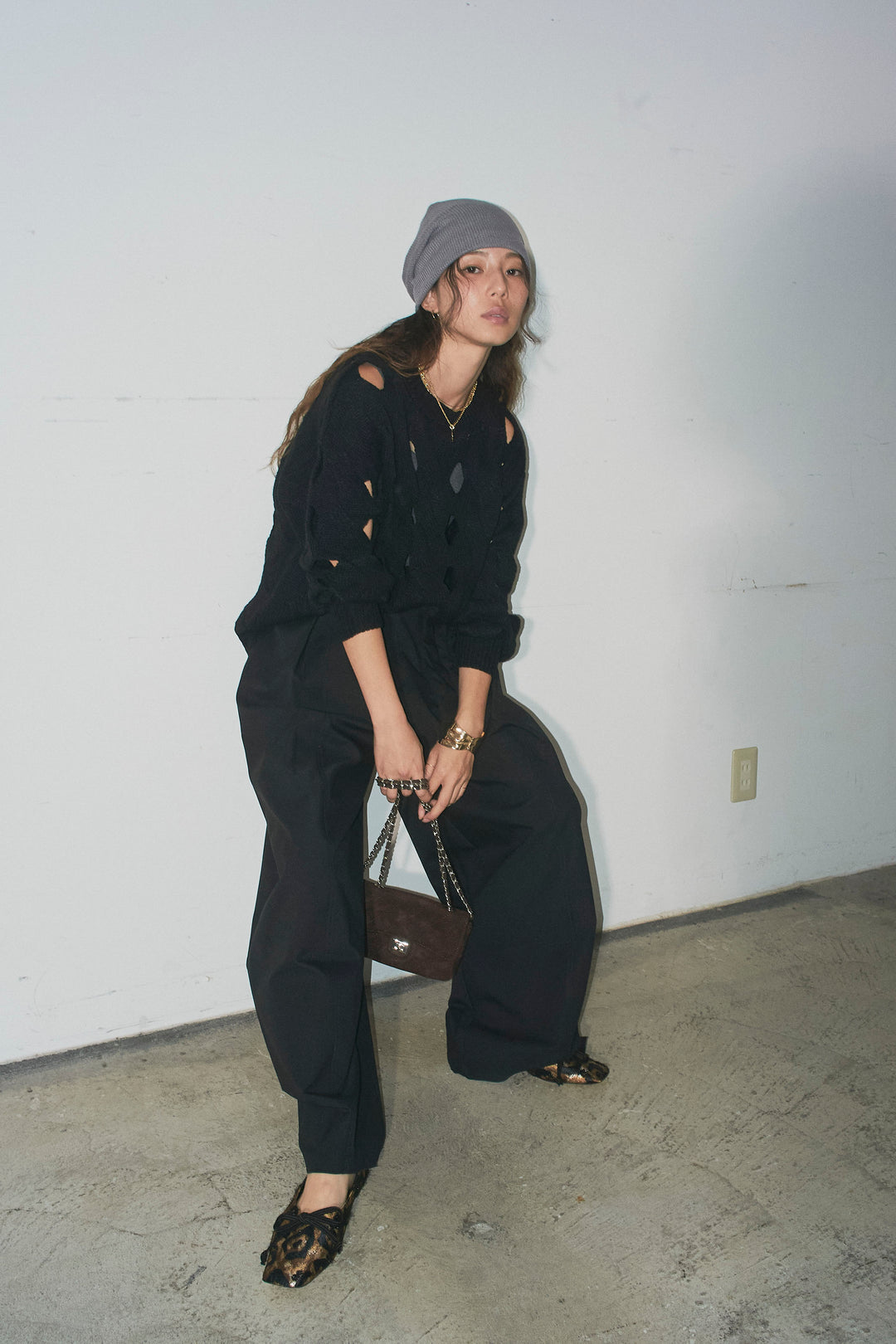 [予約/SET]ケーブルカットアウトニットTOP+ベルト付きコクーンワイドパンツ(2set)