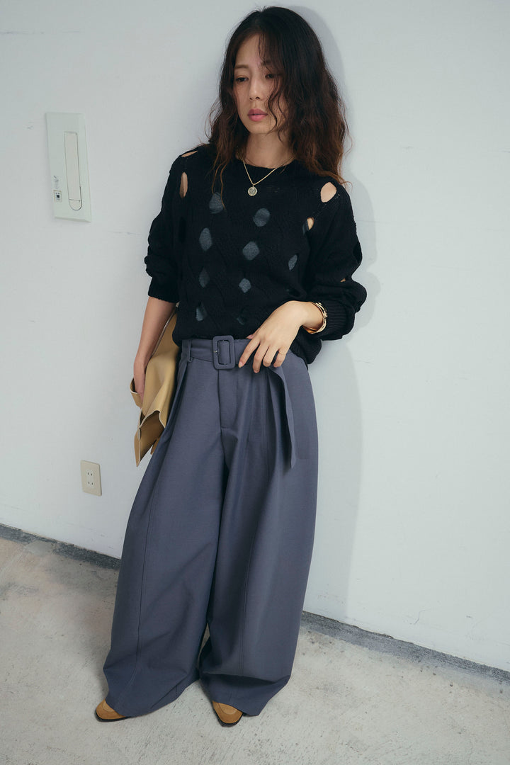 [予約/SET]ケーブルカットアウトニットTOP+ベルト付きコクーンワイドパンツ(2set)