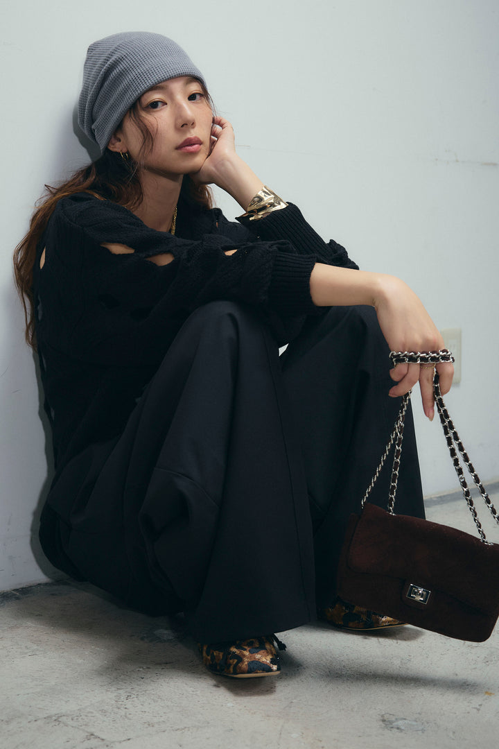 [予約/SET]ケーブルカットアウトニットTOP+ベルト付きコクーンワイドパンツ(2set)