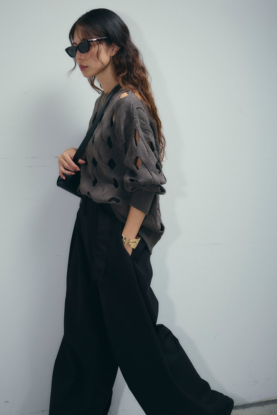 [予約/SET]ケーブルカットアウトニットTOP+ベルト付きコクーンワイドパンツ(2set)