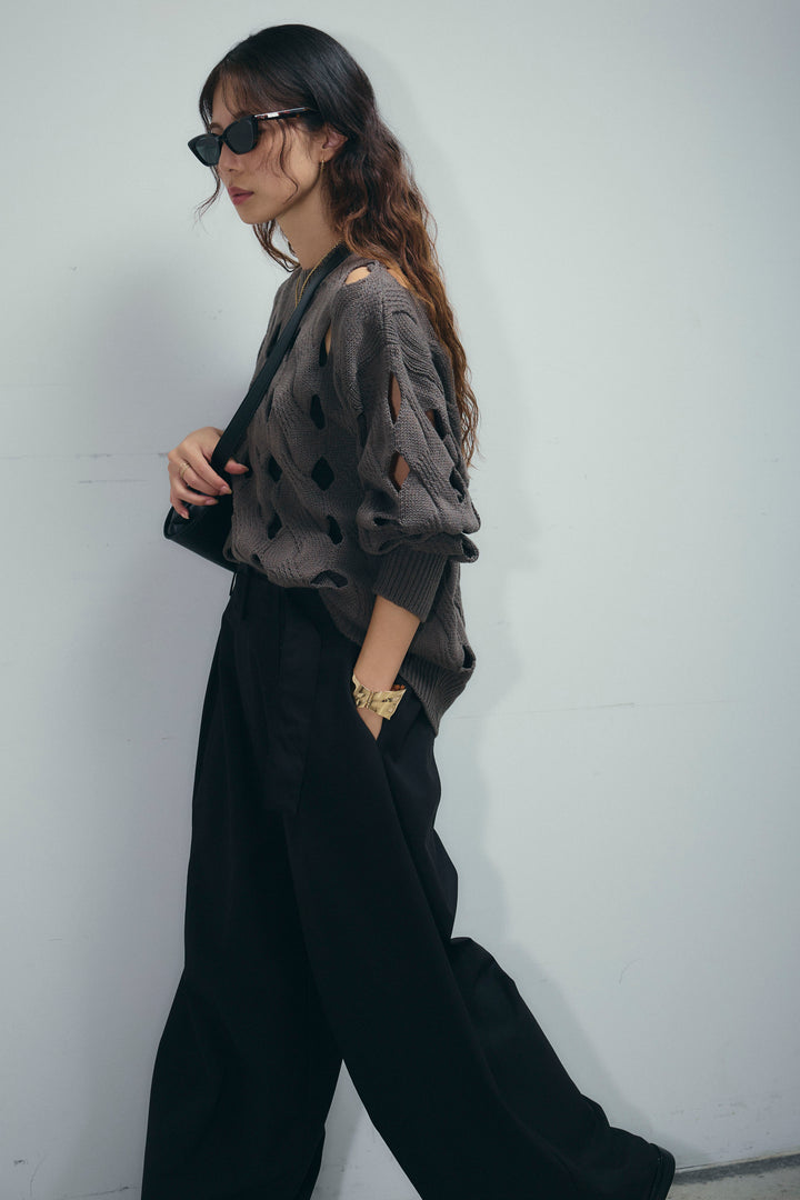 [予約/SET]ケーブルカットアウトニットTOP+ベルト付きコクーンワイドパンツ(2set)