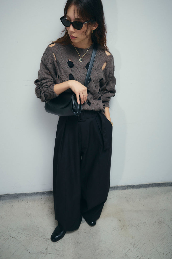 [予約/SET]ケーブルカットアウトニットTOP+ベルト付きコクーンワイドパンツ(2set)