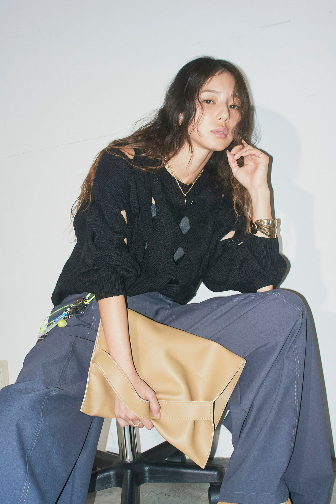 [予約/SET]ケーブルカットアウトニットTOP+ベルト付きコクーンワイドパンツ(2set)