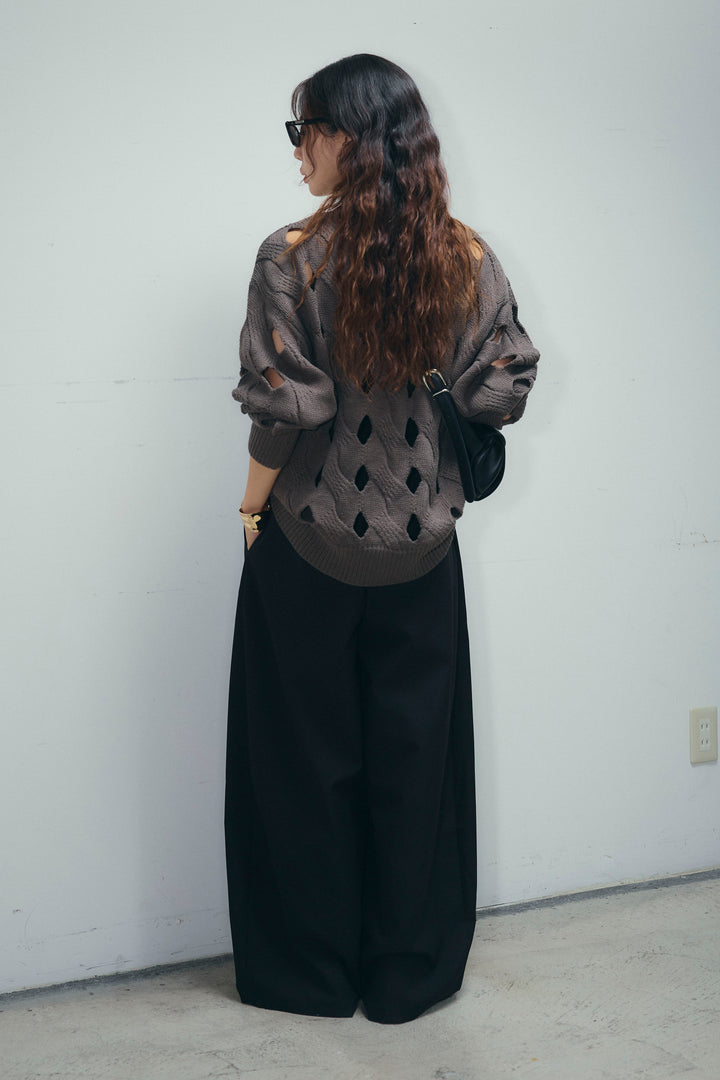 [予約/SET]ケーブルカットアウトニットTOP+ベルト付きコクーンワイドパンツ(2set)