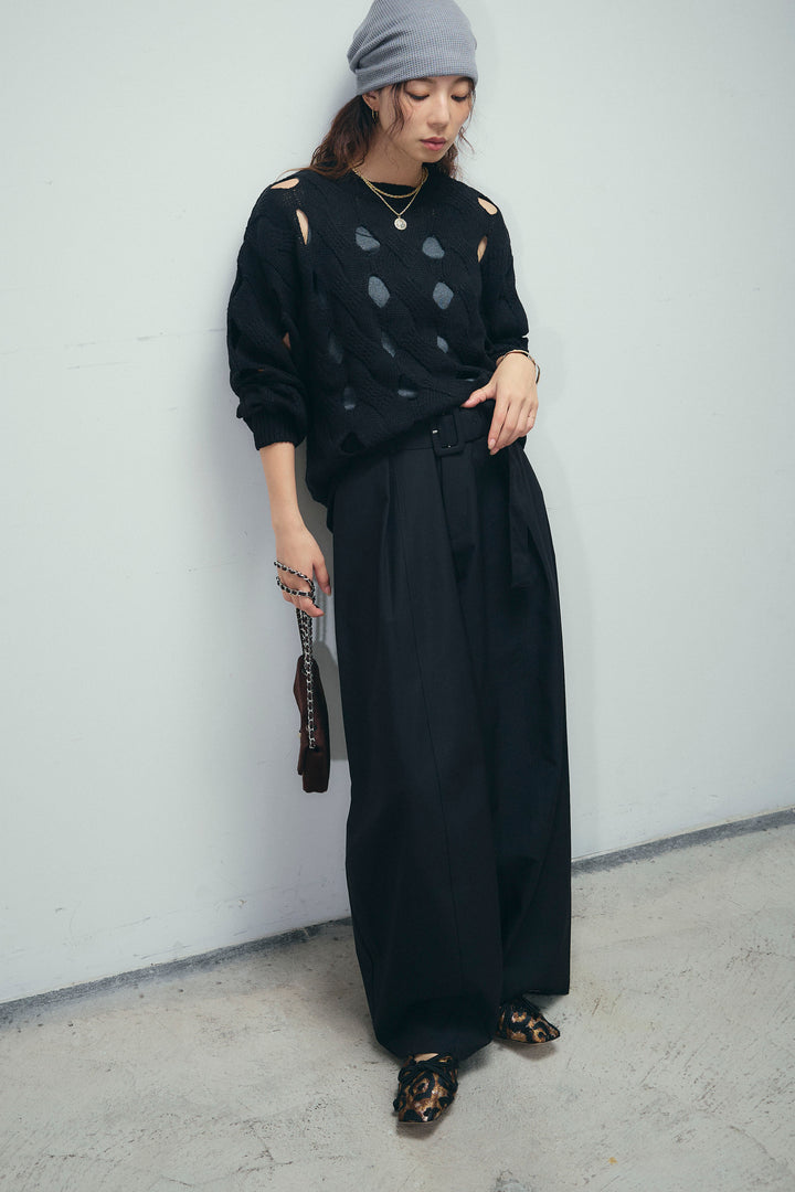 [予約/SET]ケーブルカットアウトニットTOP+ベルト付きコクーンワイドパンツ(2set)