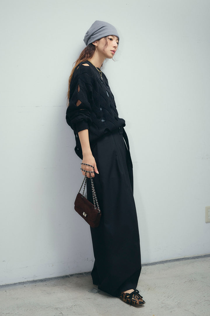 [予約/SET]ケーブルカットアウトニットTOP+ベルト付きコクーンワイドパンツ(2set)