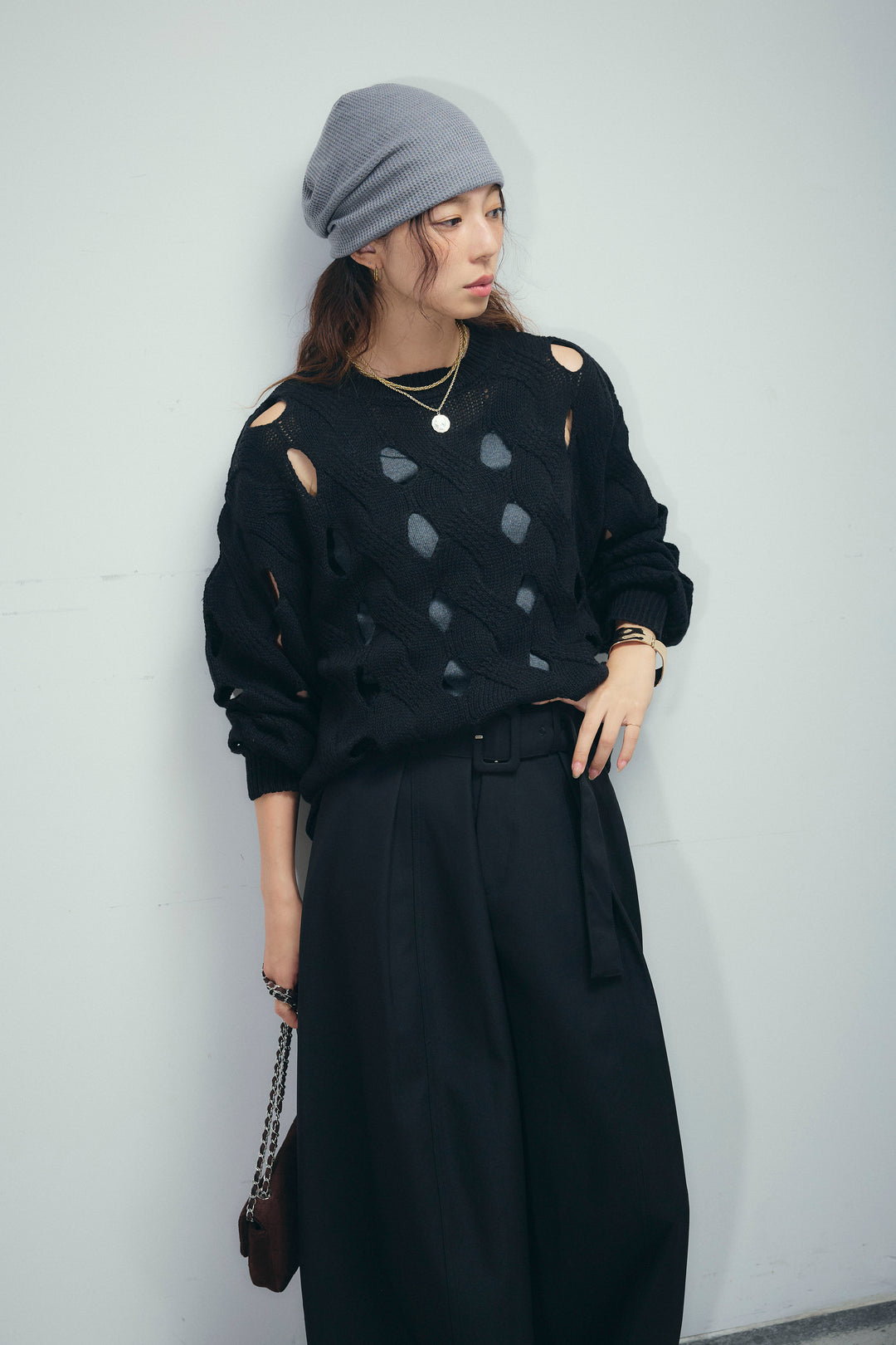 [予約/SET]ケーブルカットアウトニットTOP+ベルト付きコクーンワイドパンツ(2set)