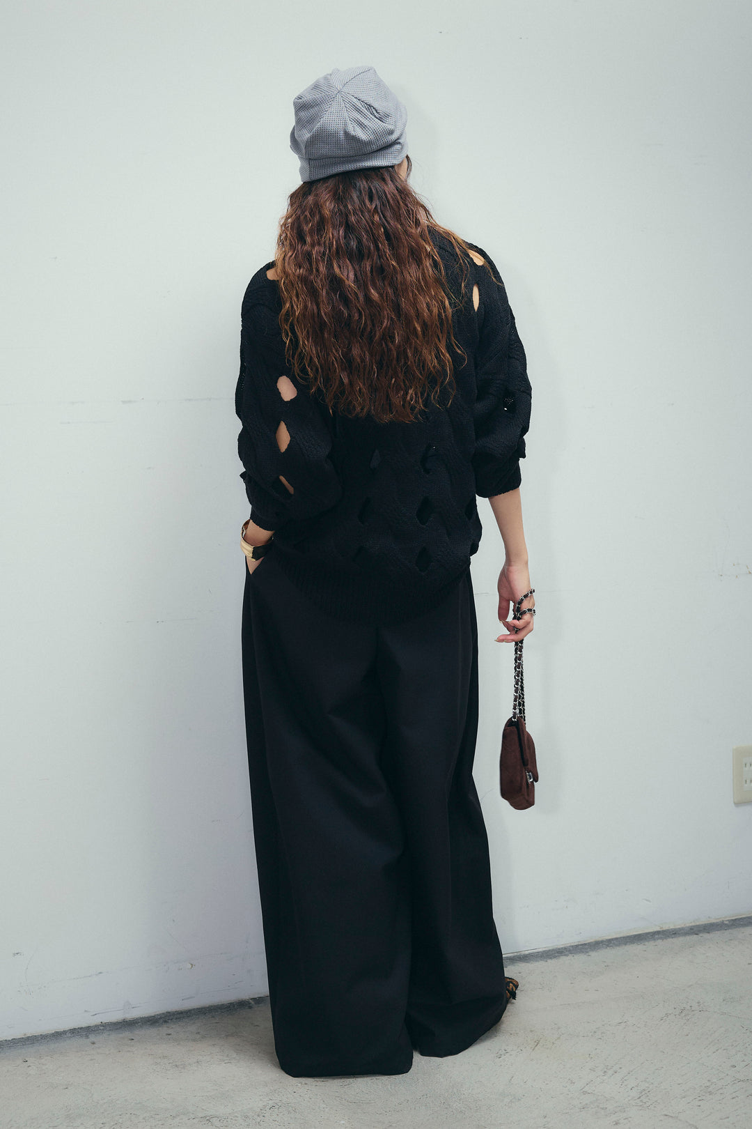 [予約/SET]ケーブルカットアウトニットTOP+ベルト付きコクーンワイドパンツ(2set)