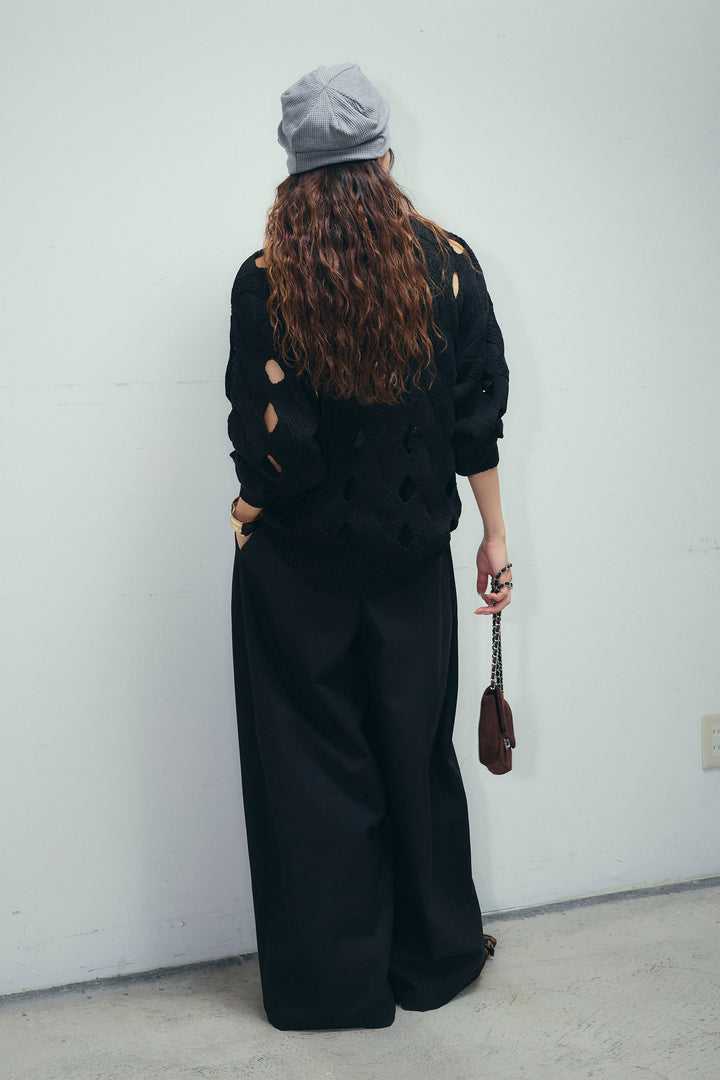 [予約/SET]ケーブルカットアウトニットTOP+ベルト付きコクーンワイドパンツ(2set)