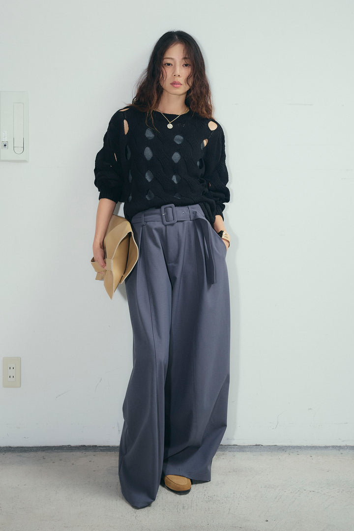 [予約/SET]ケーブルカットアウトニットTOP+ベルト付きコクーンワイドパンツ(2set)