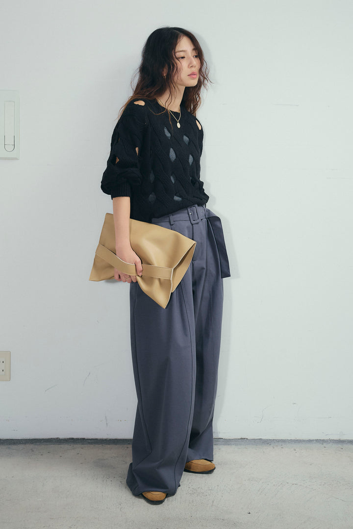 [予約/SET]ケーブルカットアウトニットTOP+ベルト付きコクーンワイドパンツ(2set)