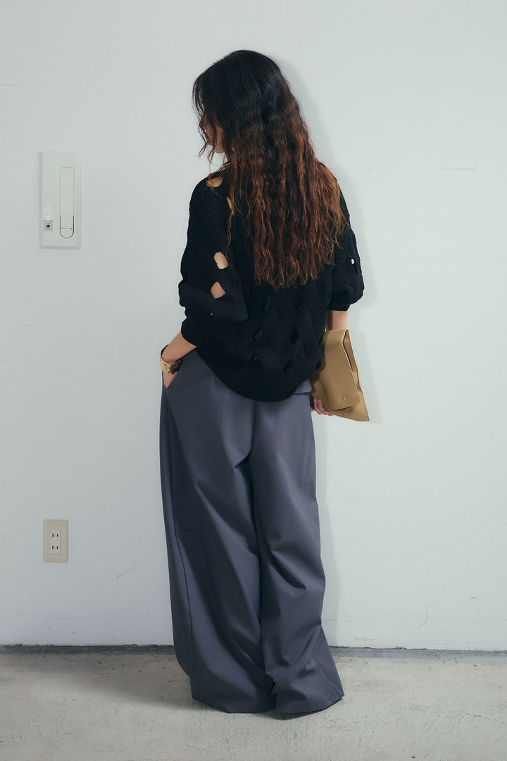 [予約/SET]ケーブルカットアウトニットTOP+ベルト付きコクーンワイドパンツ(2set)